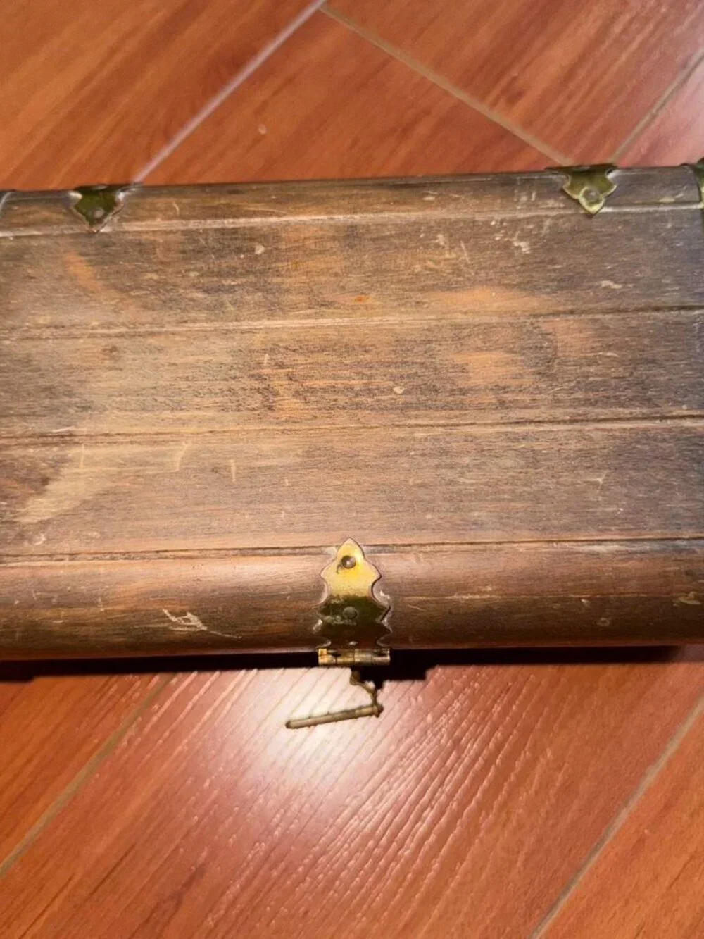 Vintage Wooden Jewelry Box Chest Gold Latch Red Lining